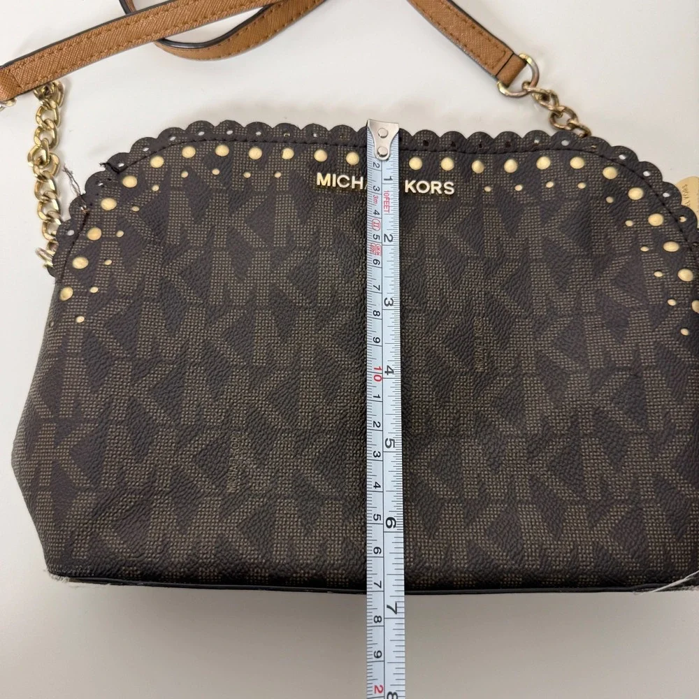 Michael Kors Signature Monogram Scallop Studded‎ Crossbody Bag Brown
